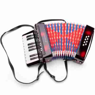 Accordéon noir New Classic Toys avec soufflet rouge, bleu et blanc et bretelles