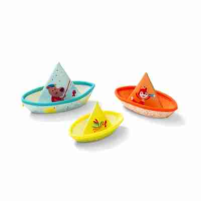 Trois bateaux flottants Lilliputiens bleu, orange et jaune pour le bain