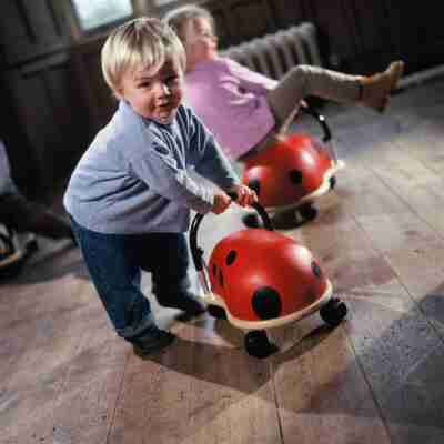 Jeunes enfants jouant avec des porteurs Wheely Bug Coccinelle