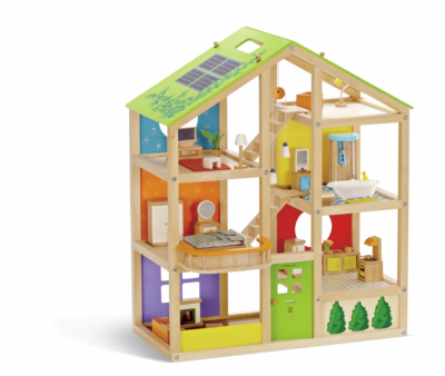 Maison toute saison Hape E3401 en bois avec six pièces, mobilier et toit vert