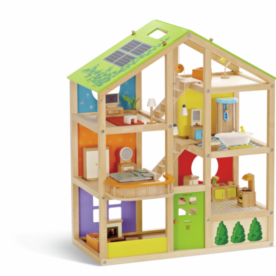 Maison toute saison Hape E3401 en bois avec six pièces, mobilier et toit vert