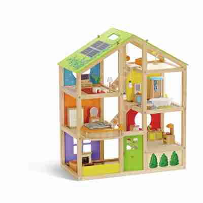 Maison toute saison Hape E3401 en bois avec six pièces, mobilier et toit vert