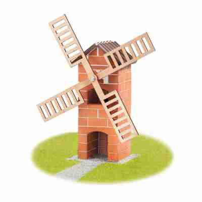 Moulin à vent Teifoc construit avec briques miniatures, tuiles et pales en bois