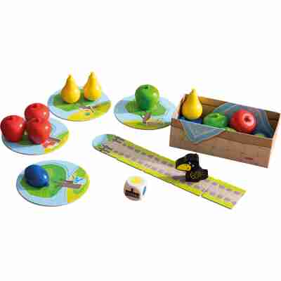 Contenu du jeu Mon Premier Verger avec fruits, dé et corbeau