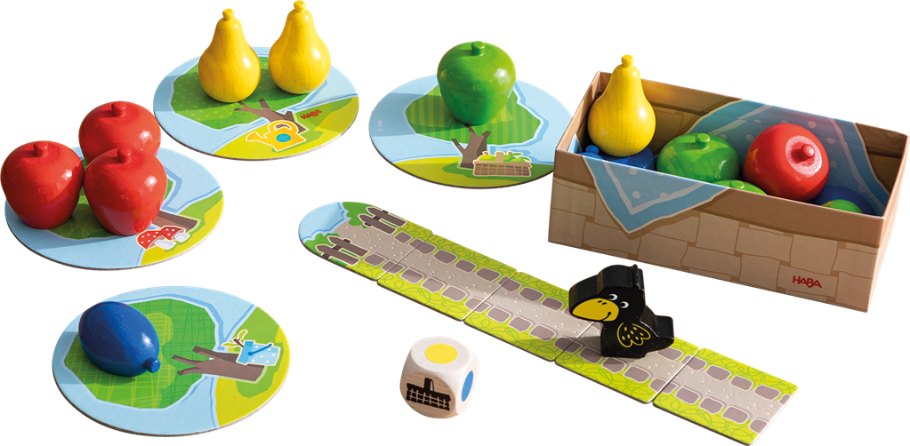 Mon premier verger 4 Contenu du jeu Mon Premier Verger avec fruits, dé et corbeau