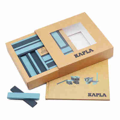 Coffret ouvert avec planchettes Kapla bleu clair et bleu foncé et livre