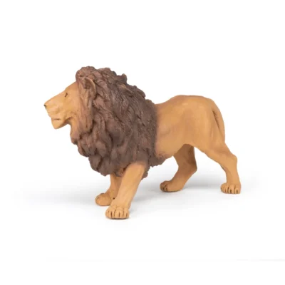 Grand lion Papo vu de profil avec pelage fauve et imposante crinière brune