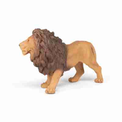 Grand lion Papo vu de profil avec pelage fauve et imposante crinière brune