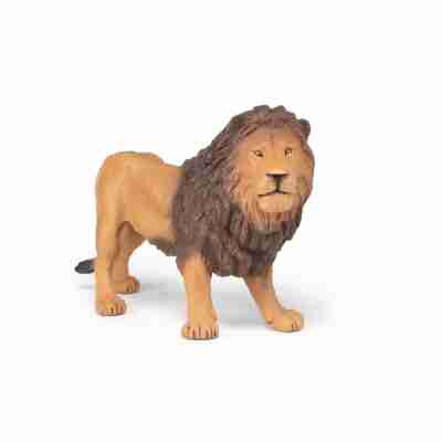 Figurine lion Papo 50191 vue de trois quarts avec pelage fauve et crinière brune