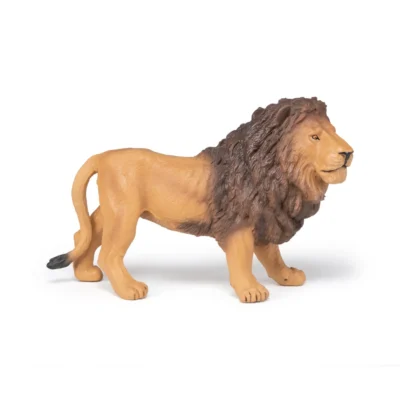 Grand lion Papo vu de profil gauche avec corps fauve et longue crinière