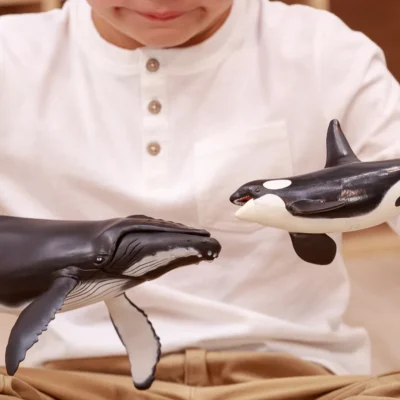 Enfant jouant avec une Baleine à bosse Papo et une figurine d’orque