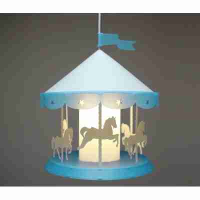 Suspension manège turquoise illuminée avec chevaux blancs