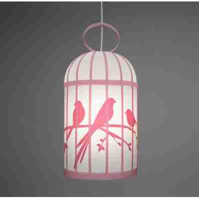 Suspension Cage aux Oiseaux rose illuminée avec silhouettes d’oiseaux