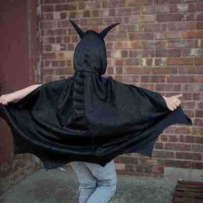 Enfant déguisé en dragon noir vu de dos avec épines