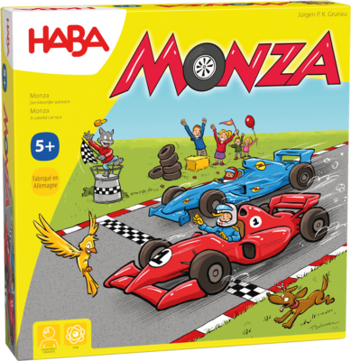 Boîte du jeu Monza de Haba avec deux voitures de course sur un circuit