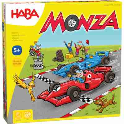 Boîte du jeu Monza de Haba avec deux voitures de course sur un circuit