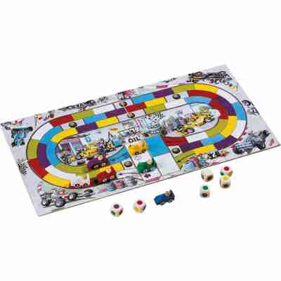 Plateau du jeu Monza Haba avec voitures en bois colorées, dés et circuit de course