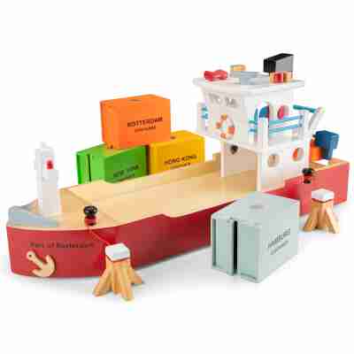 Porte-conteneurs New Classic Toys avec quatre conteneurs colorés et deux bollards
