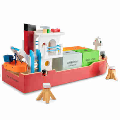 Porte-conteneurs en bois New Classic Toys chargé de ses quatre conteneurs