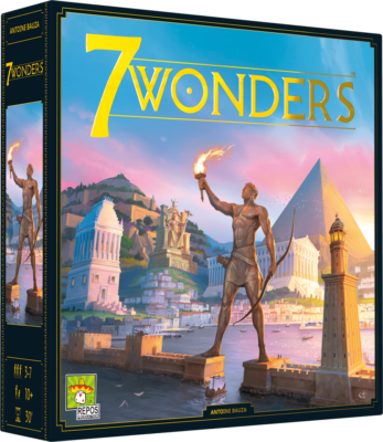Boîte de jeu 7 Wonders posée debout, illustrant les merveilles antiques – Repos Production – P’tit Loustic