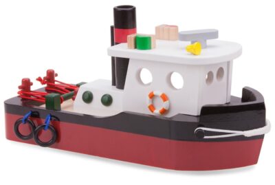 Bateau remorqueur en bois New Classic Toys 10905 avec cabine, cheminée et cordages