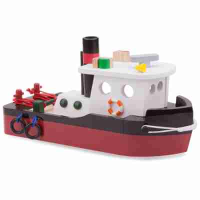 Bateau remorqueur en bois New Classic Toys 10905 avec cabine, cheminée et cordages