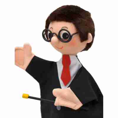 Marionnette magicien enfant avec lunettes rondes et costume noir