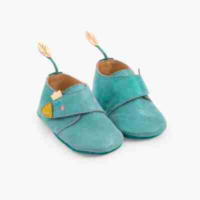 Chaussons cuir oie bleu 6-12 mois – Le Voyage d’Olga