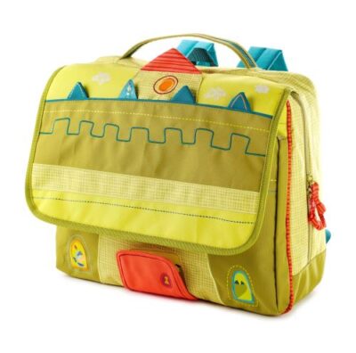 Grand cartable Walter Lilliputiens vert avec rabat décoré façon château