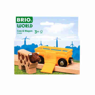 Wagon BRIO jaune avec vache et rampe d’accès rabattable