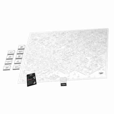 Contenu du jeu Micro Macro Crime City avec plan géant et cartes enquête