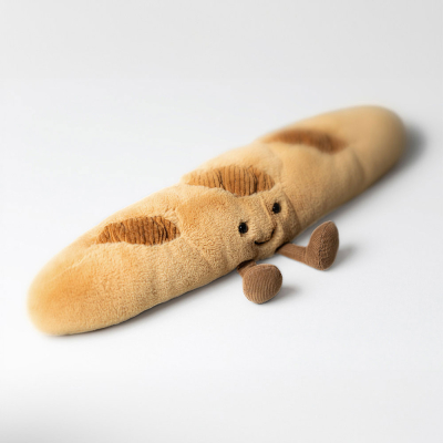 Détail peluche baguette douce avec texture pain Jellycat