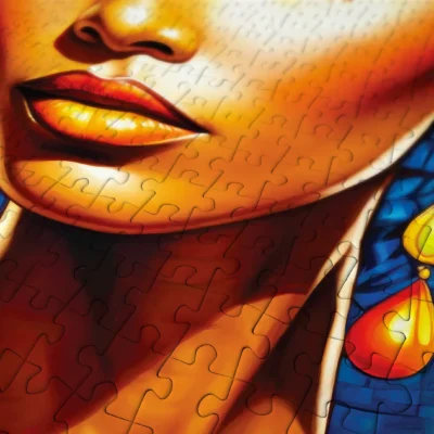Détail des pièces du puzzle African Beauty sur le visage et les bijoux colorés