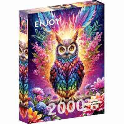 Boîte du puzzle Neon Owl Enjoy de 2000 pièces avec chouette multicolore et fleurs