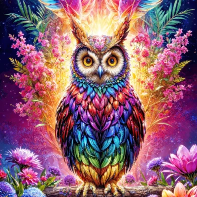 Puzzle Neon Owl Enjoy assemblé représentant une chouette multicolore entourée de fleurs