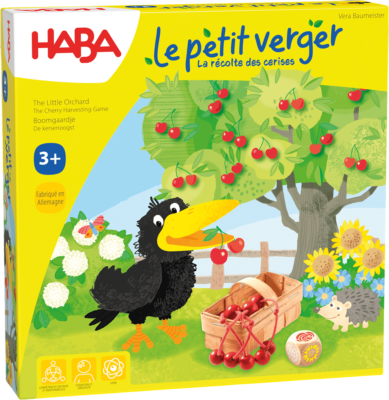 Boîte du jeu Le Petit Verger de Haba avec le corbeau Théo et le cerisier plein de cerises