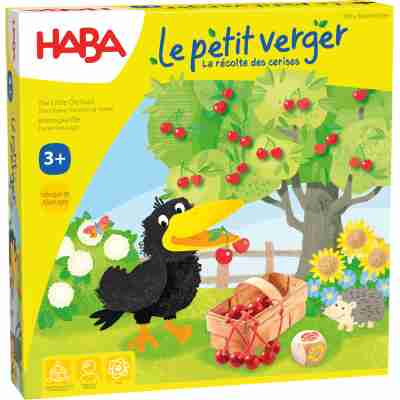 Boîte du jeu Le Petit Verger de Haba avec le corbeau Théo et le cerisier plein de cerises