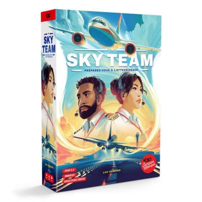 Boîte du jeu Sky Team avec illustration d’un avion et des pilotes