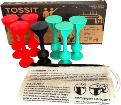 Contenu du jeu Tossit Rouge-Cyan avec fléchettes silicone et sac de rangement
