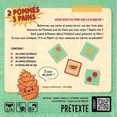 Dos de la boîte du jeu 2 Pommes 3 Pains avec principe et contenu