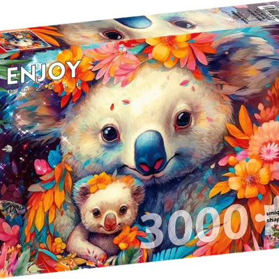 Boîte du puzzle Koala Kuddles Enjoy de 3000 pièces avec un koala et son petit entourés de fleurs