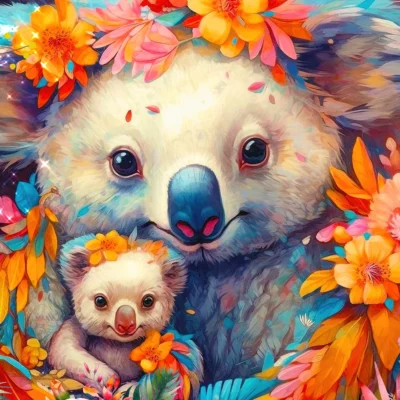 Puzzle Koala Kuddles Enjoy représentant un koala et son petit dans un décor floral coloré