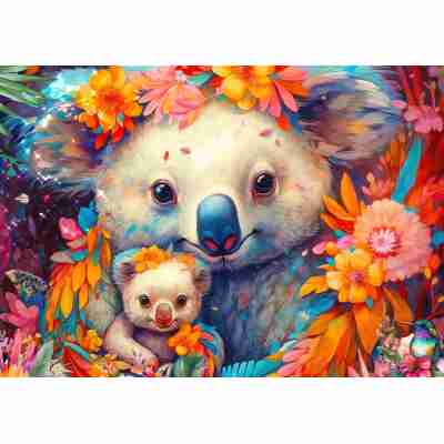 Ptit Loustic – Magasin de jeux et jouets à Saint-Étienne 143 Puzzle Koala Kuddles Enjoy représentant un koala et son petit dans un décor floral coloré