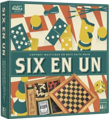 Boîte du coffret jeux Six en Un avec illustration vintage et coffret multijeux en bois