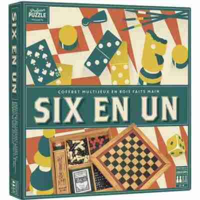 Boîte du coffret jeux Six en Un avec illustration vintage et coffret multijeux en bois