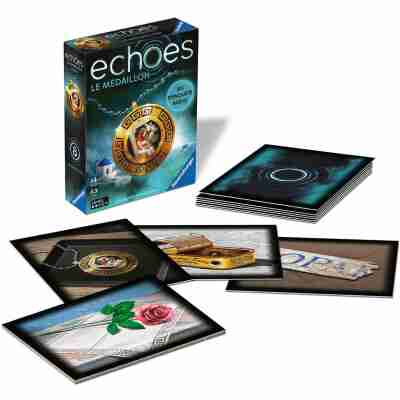 Contenu du jeu Echoes Le Médaillon avec boîte, cartes Objet et tuiles d’enquête illustrées