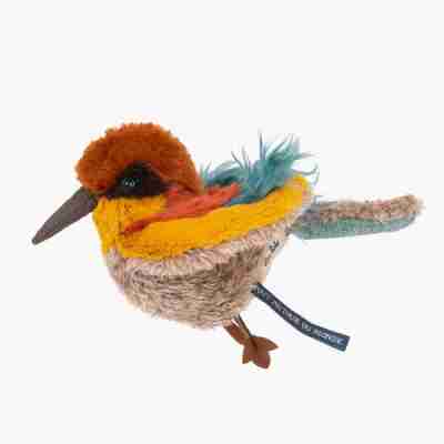 Détails du plumage peluche guêpier Moulin Roty – orange ocre et turquoise