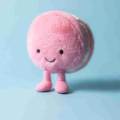 Peluche Mia Macaron Jellycat debout sur fond bleu