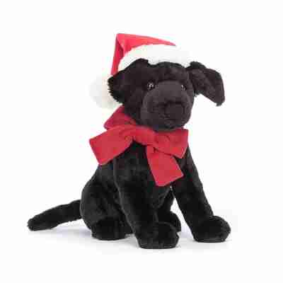Peluche Jellycat Pippa Black Labrador Winter avec bonnet rouge