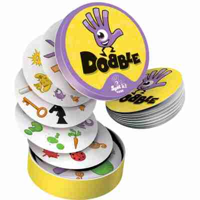 Boîte métal Dobble Classique ouverte avec cartes